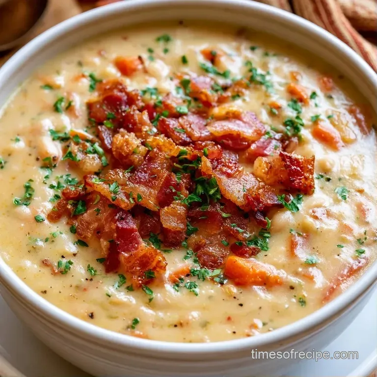 A white porcelain bowl of hearty bean stew topped with crispy pancetta, fresh parsley, and a drizzle of gold oil.
