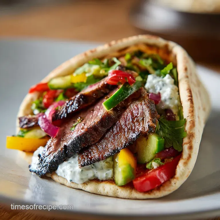 Four warm pita wraps filled with seared steak and fresh veggies, arranged on a rustic wooden board with lemon wedges.