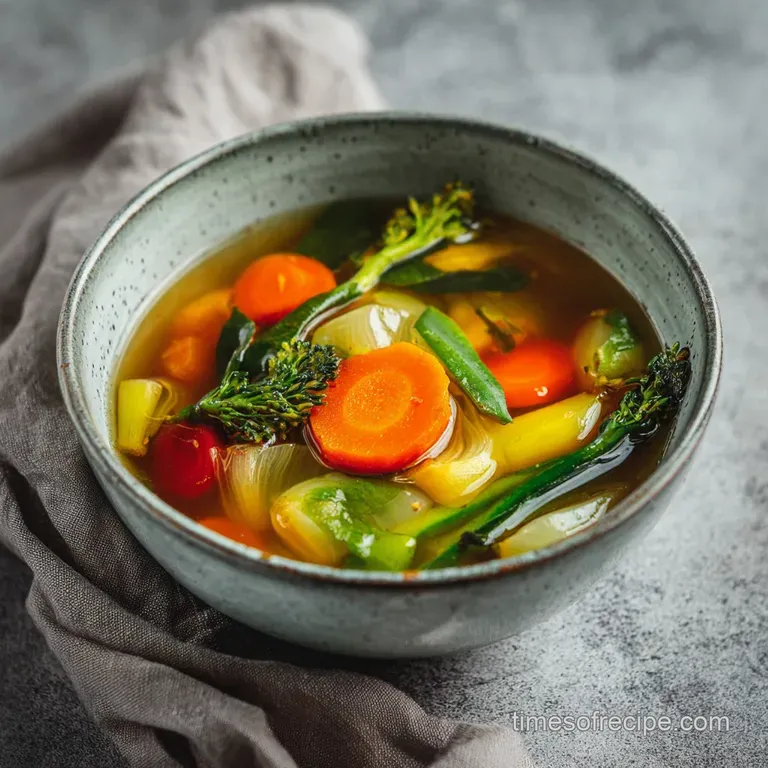 A delicate ceramic bowl holding golden vegetable broth, garnished with fresh dill and a swirl of olive oil.