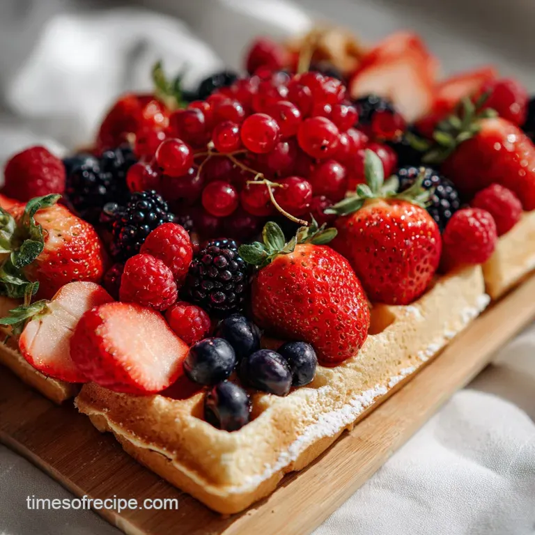 Crisp golden waffle quarters artfully arranged on a white plate, adorned with juicy strawberries and a dusting of powdered...