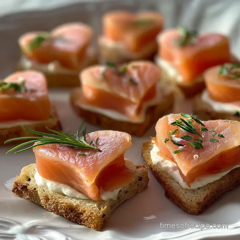 Close-up of a smoked salmon canap&eacute;: delicate pink salmon, creamy cheese, and bright green dill atop a crispy cracker, artf...