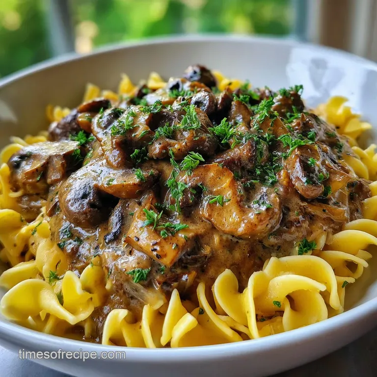 A swirl of wide noodles blanketed in rich mushroom sauce, artfully plated with a vibrant green garnish and a drizzle of ol...