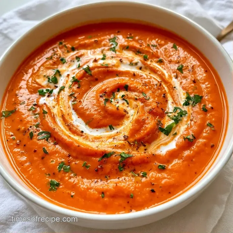 Bright orange creamy soup in a matte white bowl, topped with a coconut swirl and served with a crusty bread slice.