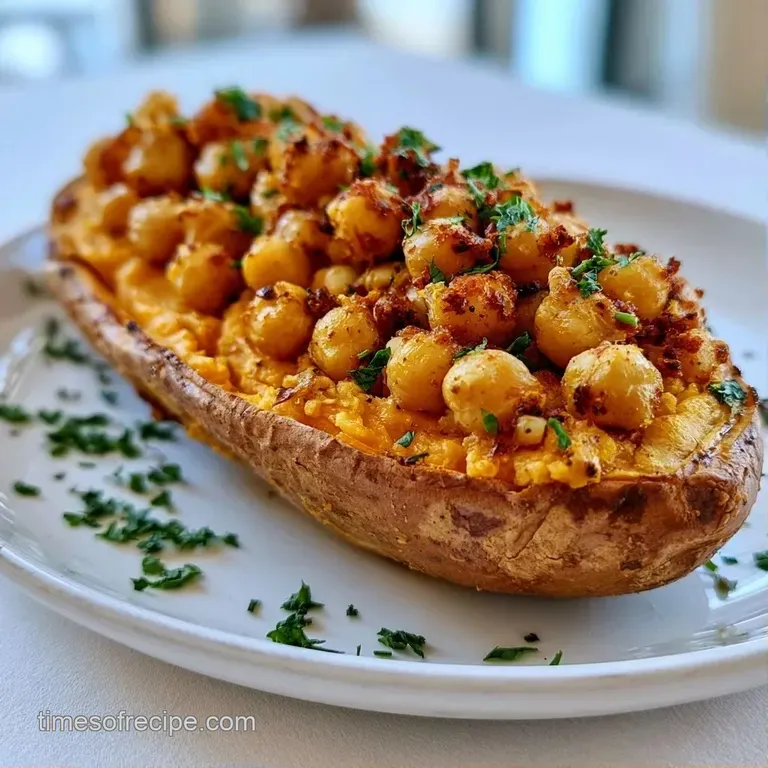 Vibrant orange roasted potatoes on a modern plate, topped with golden chickpeas and a swirl of creamy tahini sauce.