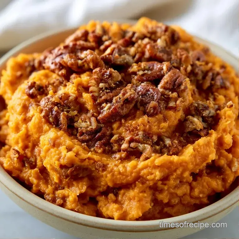 A scoop of smooth, orange root vegetable mash topped with crunchy nuts on a matte black plate with a sprig of thyme.