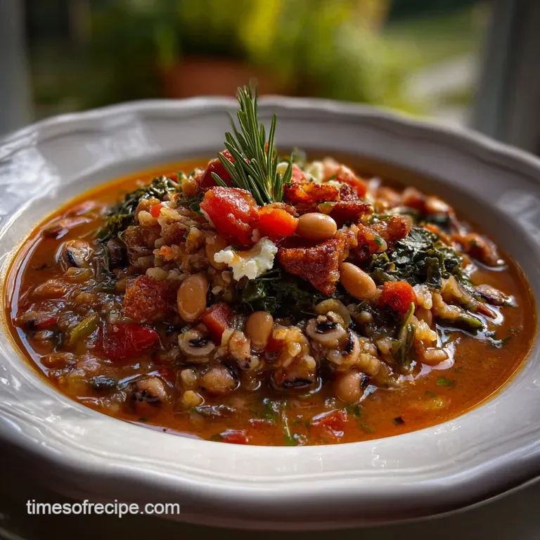 A single portion of Hoppin' John served in a shallow bowl, highlighting the colorful medley of textures and flavors.