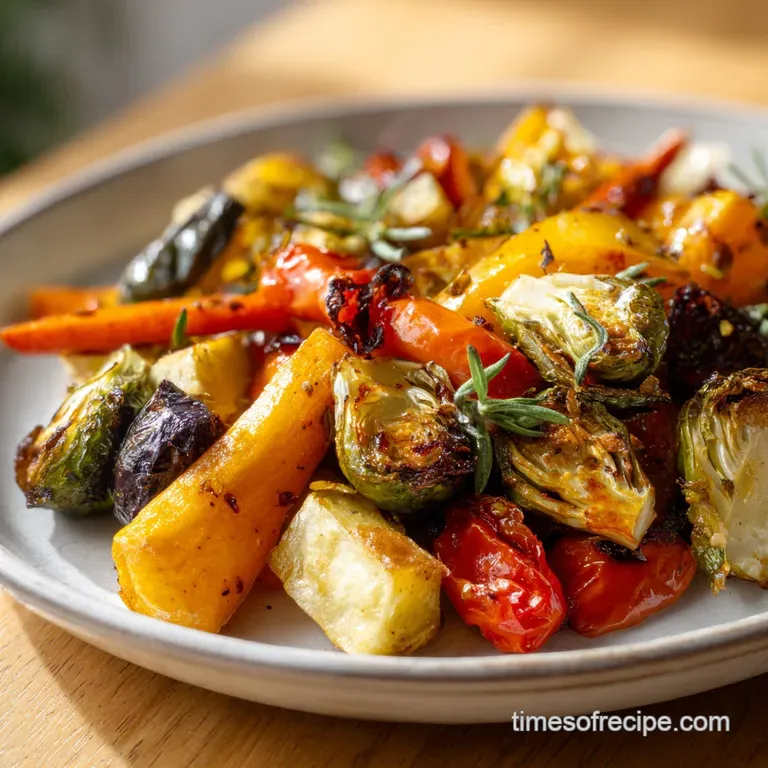 Brightly colored roasted vegetables artfully arranged on a white plate, with a sprig of fresh thyme for garnish.