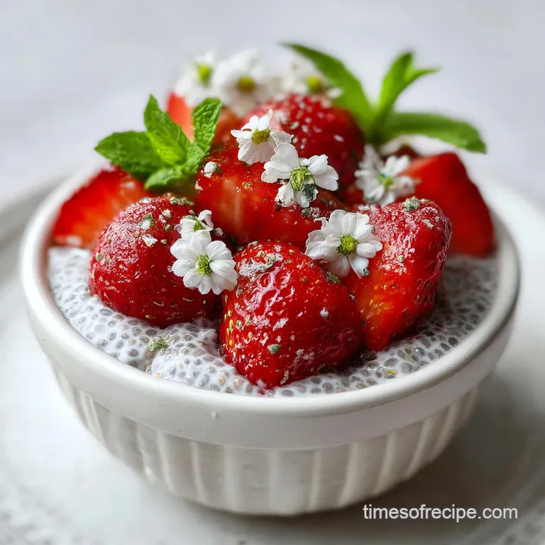 Elegant glass bowl of creamy chia pudding, topped with fresh, ruby-red raspberries and a sprinkle of toasted coconut flake...