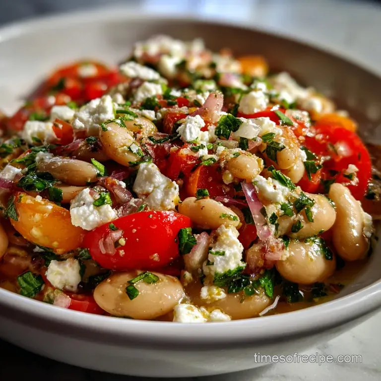 A spoonful of the Mediterranean salad, highlighting creamy beans, fresh herbs, and a light, glistening olive oil dressing.