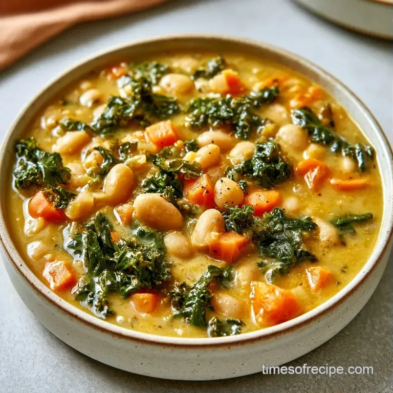 A rustic ceramic bowl of creamy white soup and wilted greens served with crusty bread on a weathered wood table.