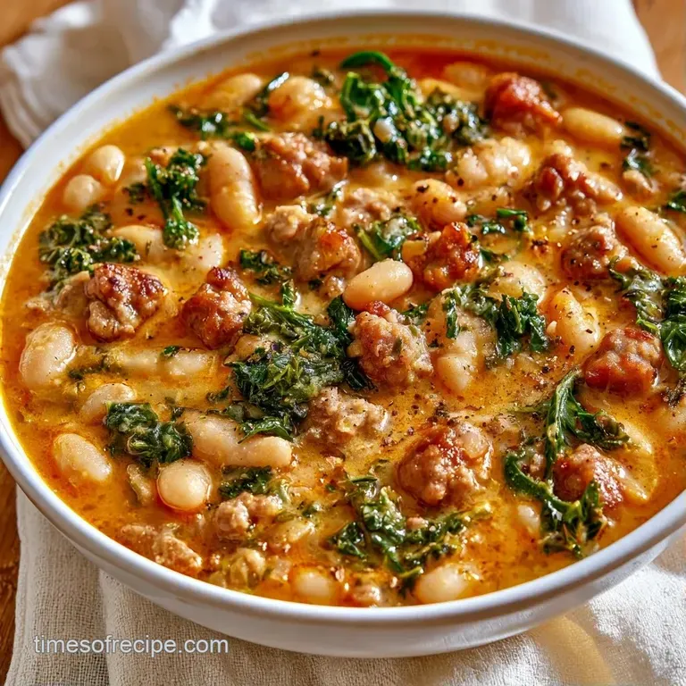 A rustic ceramic bowl of creamy white legumes and charred sausage, topped with vibrant kale and a drizzle of oil.