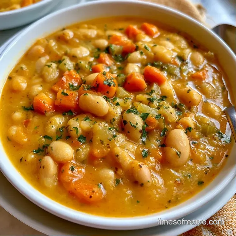 A white ceramic bowl filled with hearty vegetable soup, garnished with a swirl of olive oil and fresh herb sprigs.