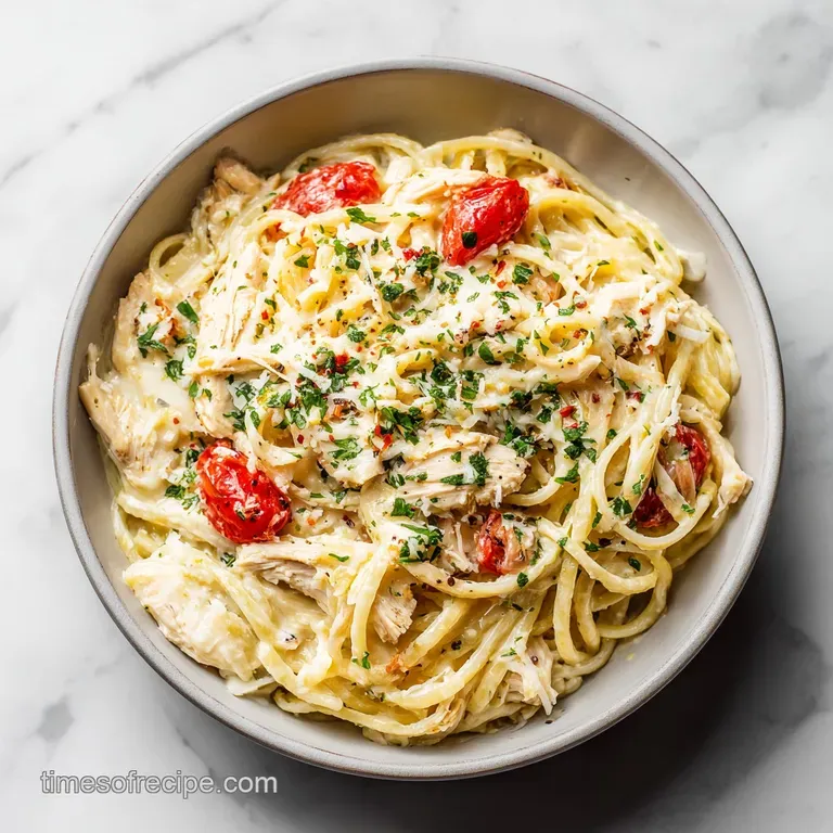 A fork-twirled mound of tender pasta coated in rich, creamy sauce, plated with a sprinkle of herbs.