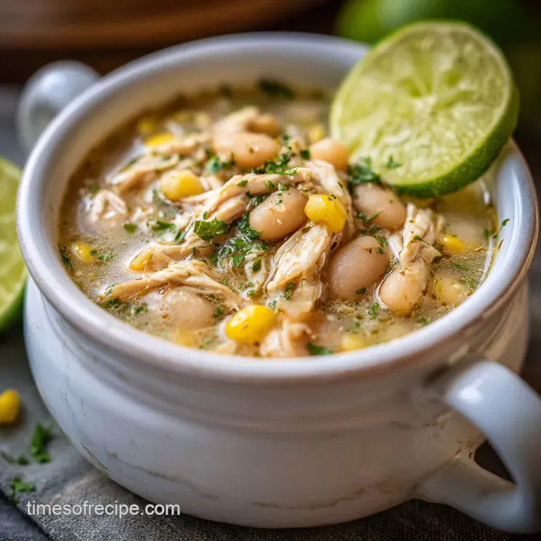 A bowl of steaming white chicken chili, garnished with fresh cilantro, sour cream, and a lime wedge. Inviting and warm.