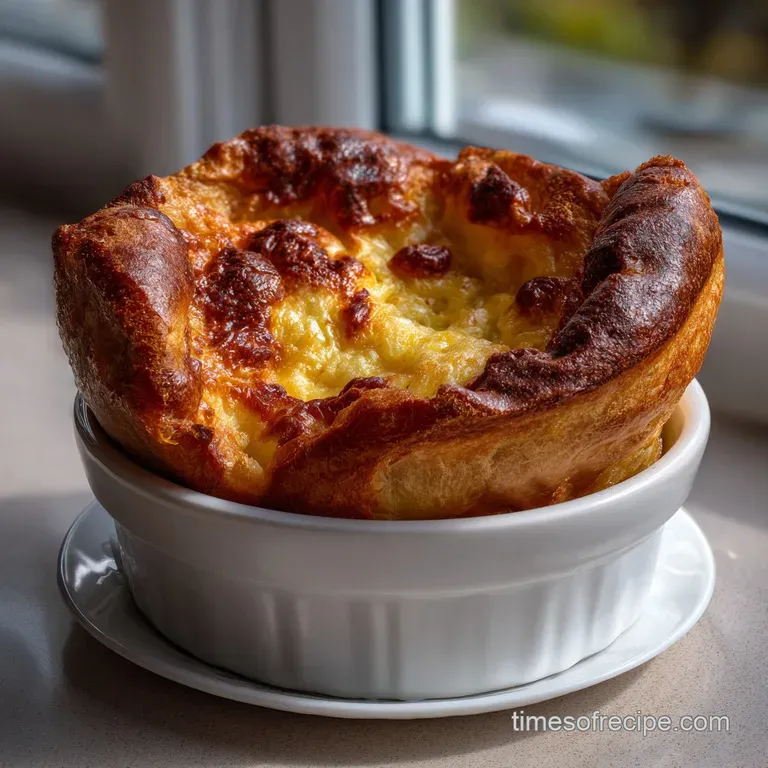 Three towering Yorkshire puddings artfully arranged on a white plate, showcasing their deep golden color and inviting, cri...