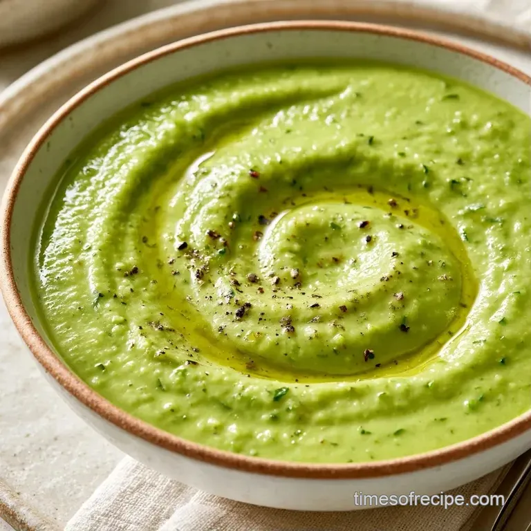 Two minimalist bowls of velvety light green soup garnished with golden croutons and a drizzle of extra virgin oil.