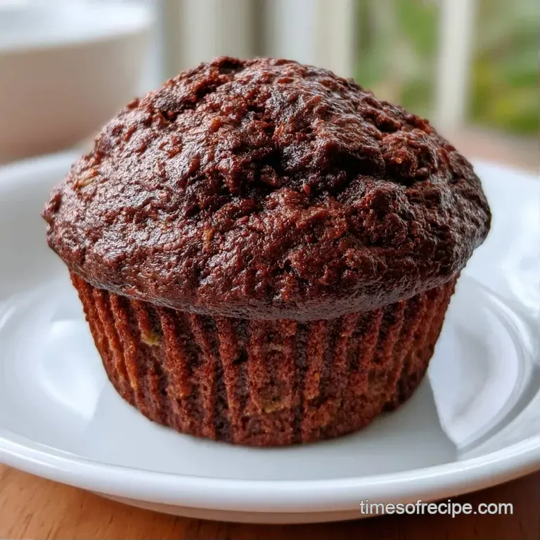 Three dark cocoa muffins stacked on a white porcelain plate, topped with a light dusting of powdered sugar.