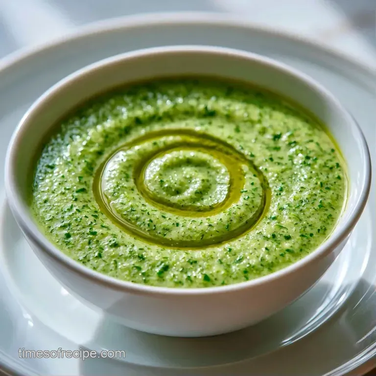 Velvety green soup served in a shallow bowl with a fresh mint leaf and toasted sourdough on a neutral linen cloth