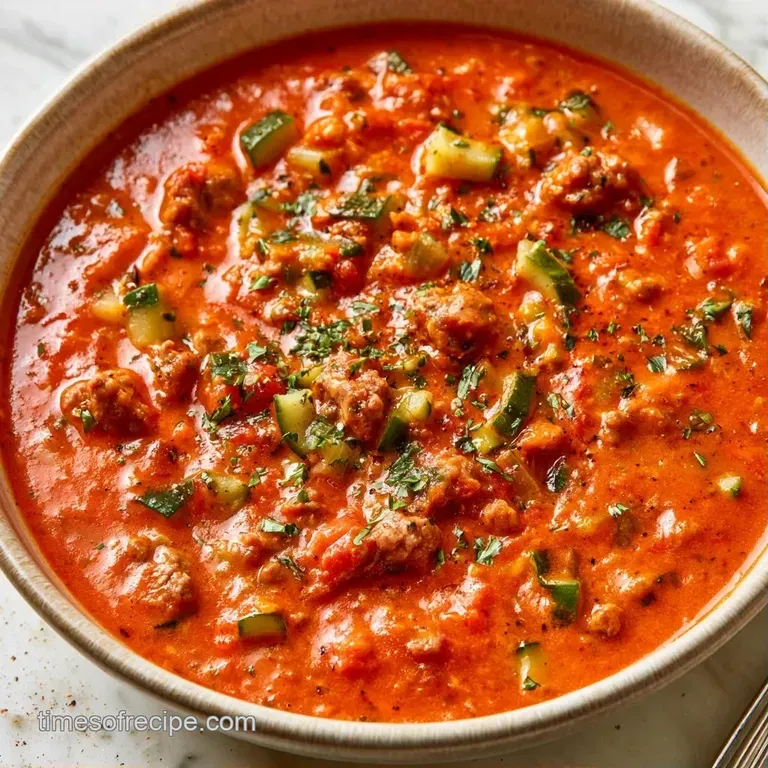 Rustic stoneware bowl of rich red soup with vibrant green zucchini and browned sausage, served with crusty bread.
